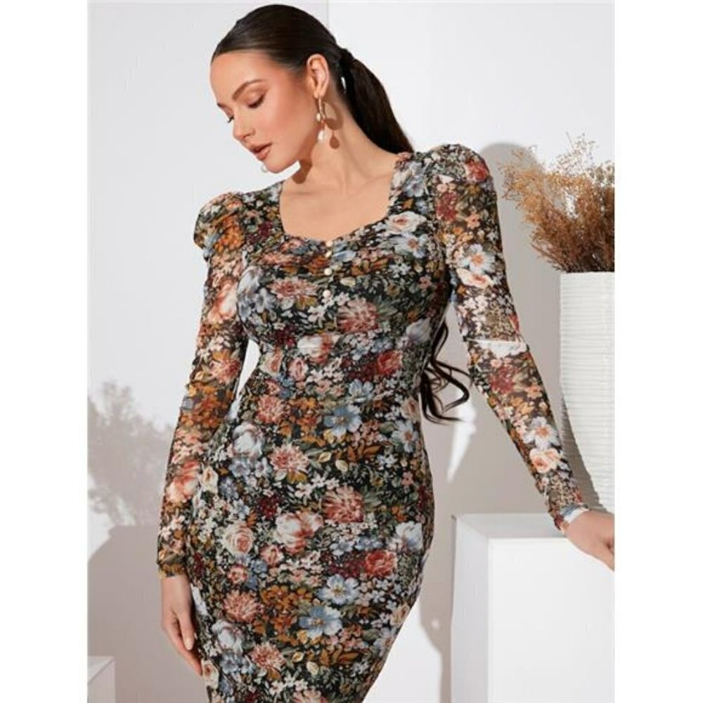 Women's Boho Floral Lace Stretch Bodycon Dress Hawaiian Sweetheart Neck Dress, M - Picture 1 of 6